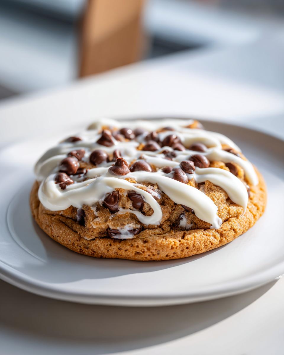 A tempting Crumbl cookie copycat, topped with white frosting and chocolate chips on a white plate.