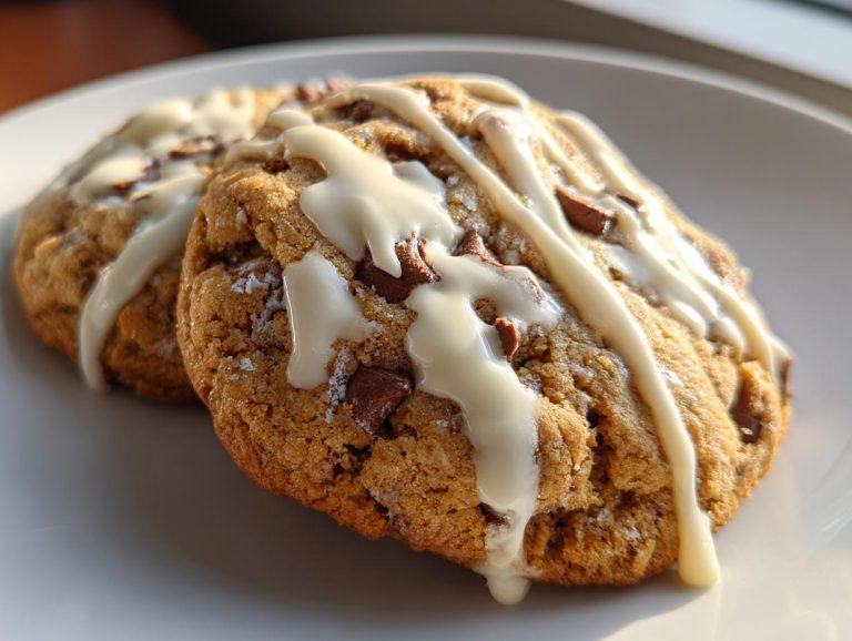 Two Crumbl cookie copycat cookies with chocolate chunks and white icing drizzle on a white plate.