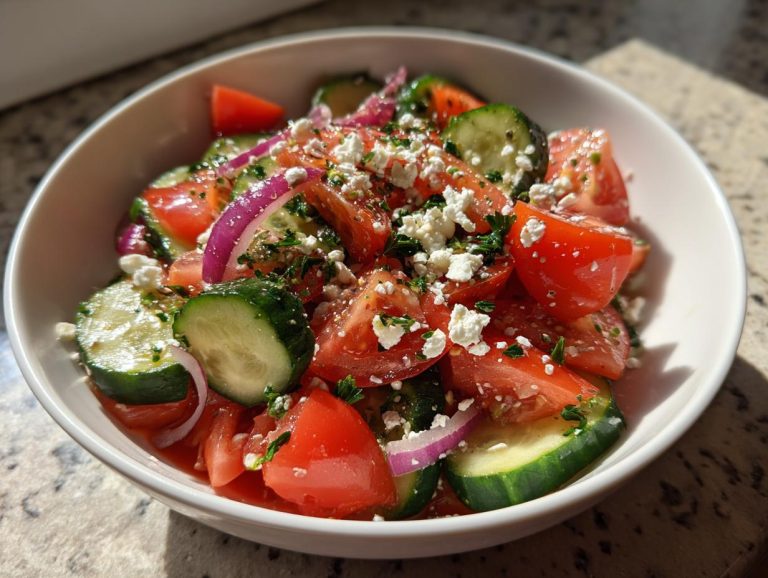 A refreshing cucumber tomato salad with vinaigrette, topped with feta cheese and herbs.