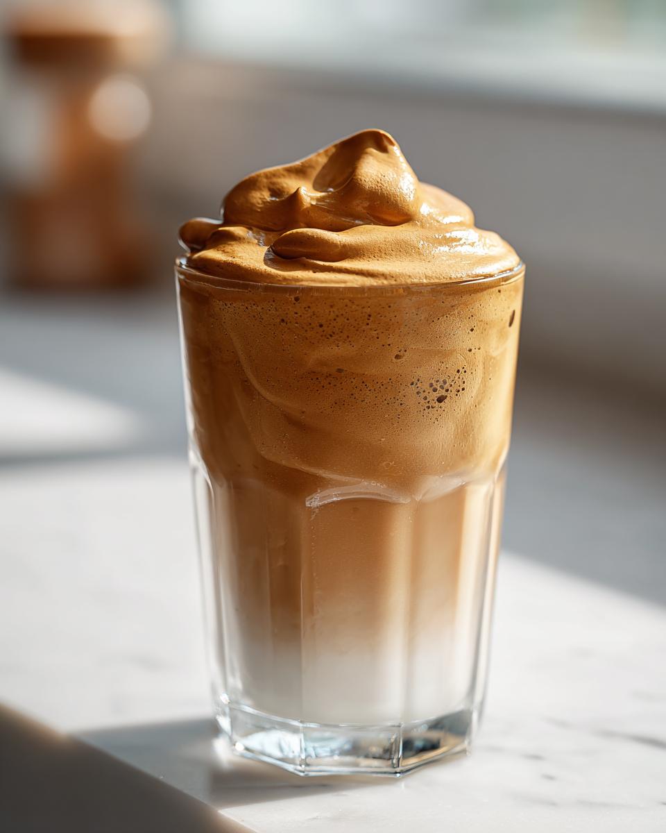 A glass of iced Dalgona Coffee with a thick layer of whipped coffee foam on top.