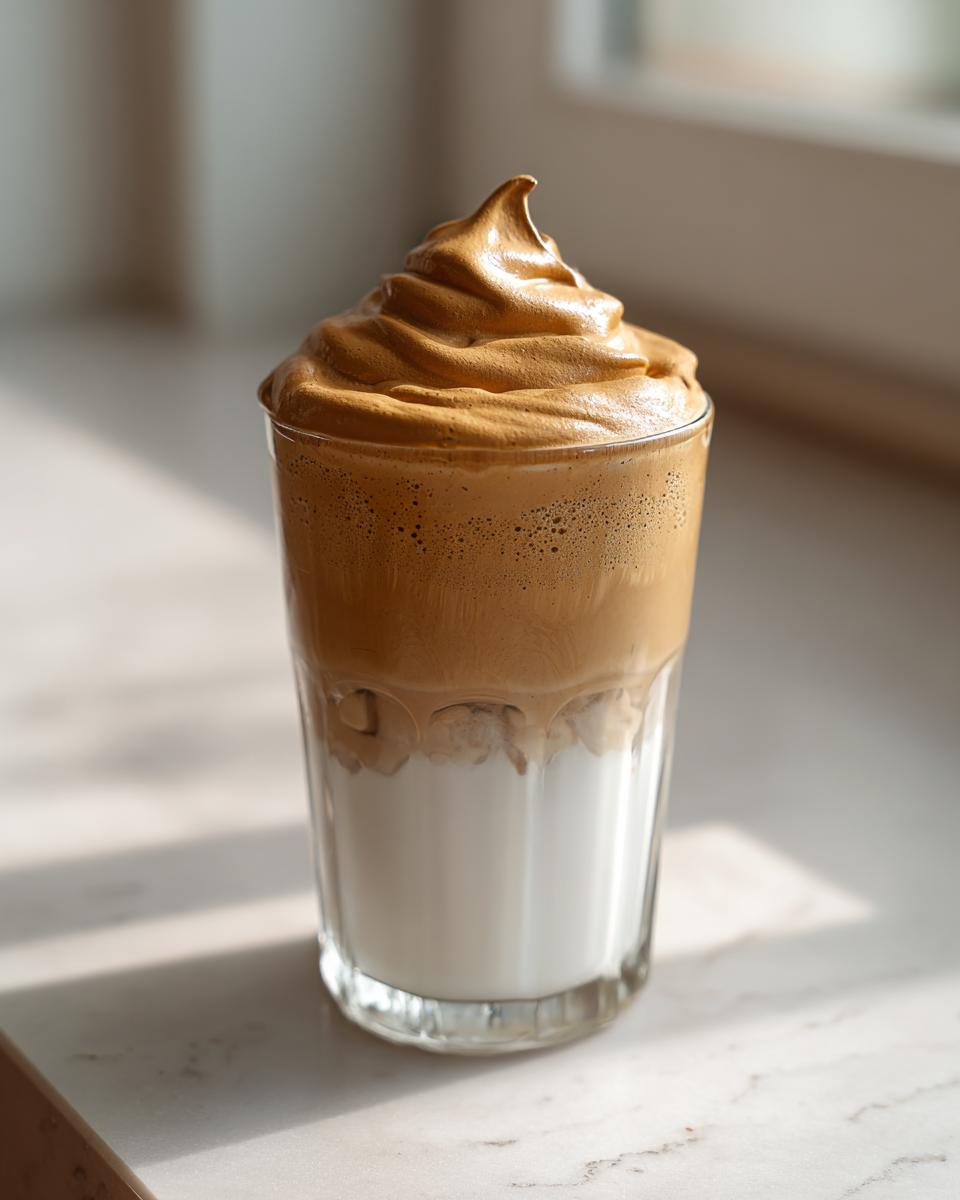 A glass of Dalgona Coffee with fluffy coffee foam on top of milk, showcasing the layered drink.