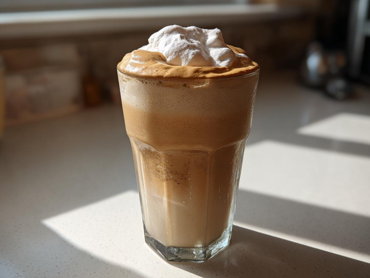 A glass of iced Dalgona Coffee topped with whipped cream, showcasing its foamy texture.