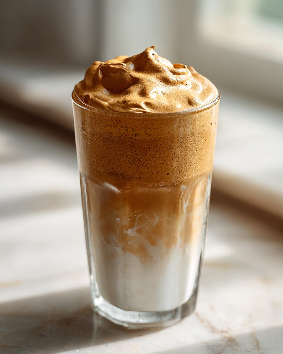 Tall glass of iced Dalgona Coffee with fluffy whipped coffee topping over milk.