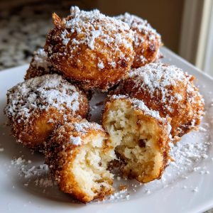 A stack of golden brown Deep Fried Oreos, dusted with powdered sugar, one broken open to show the Oreo inside.