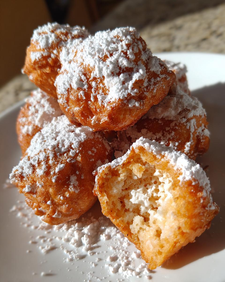A stack of golden Deep Fried Oreos, generously dusted with powdered sugar, with one Oreo broken open.