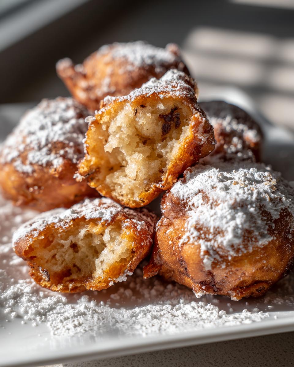 A plate of golden Deep Fried Oreos, dusted with powdered sugar, one broken open to show the filling.