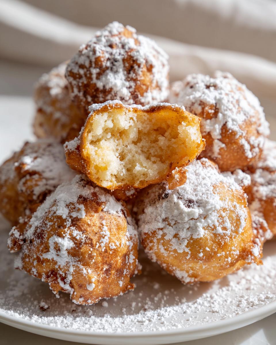 A tempting stack of Deep Fried Oreos, generously dusted with powdered sugar, one broken open to show the inside.