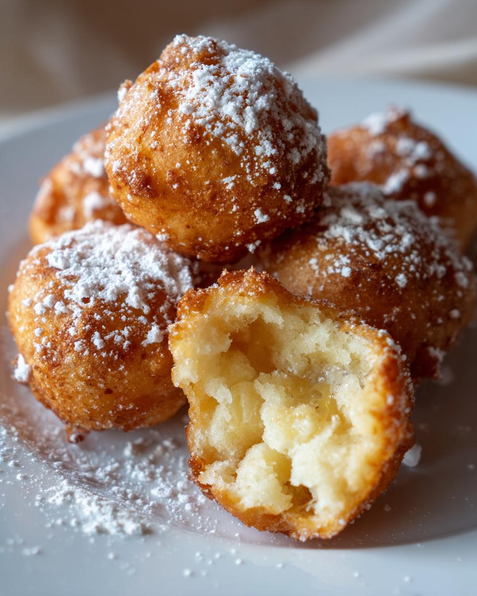 A stack of golden Deep Fried Oreos dusted with powdered sugar, one broken open to show the inside.