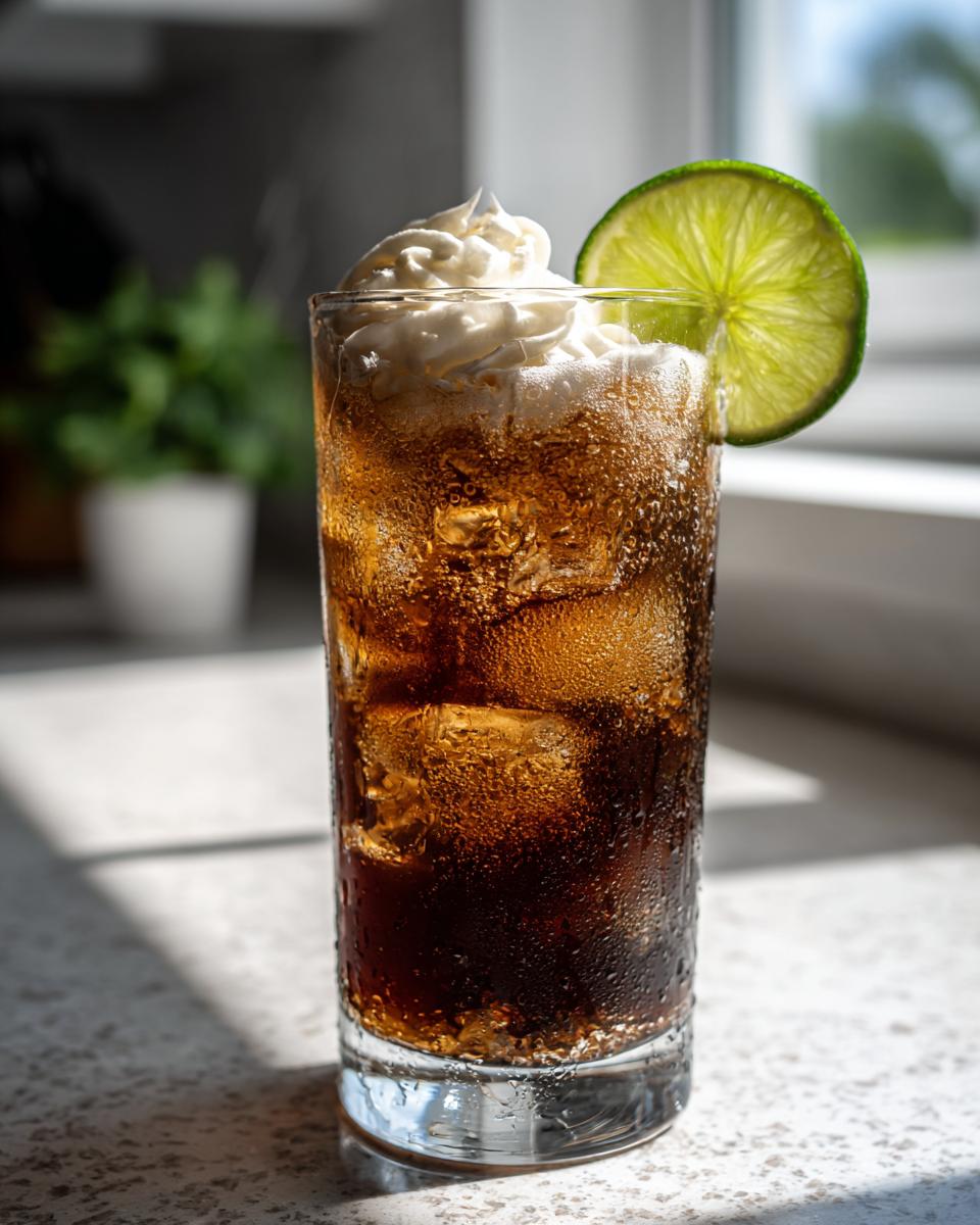 Refreshing dirty soda recipe in a glass with ice, cream topping, and a lime slice.