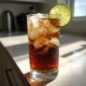 Iced dirty soda recipe in a glass with a lime wedge, showcasing a bubbly and refreshing drink.