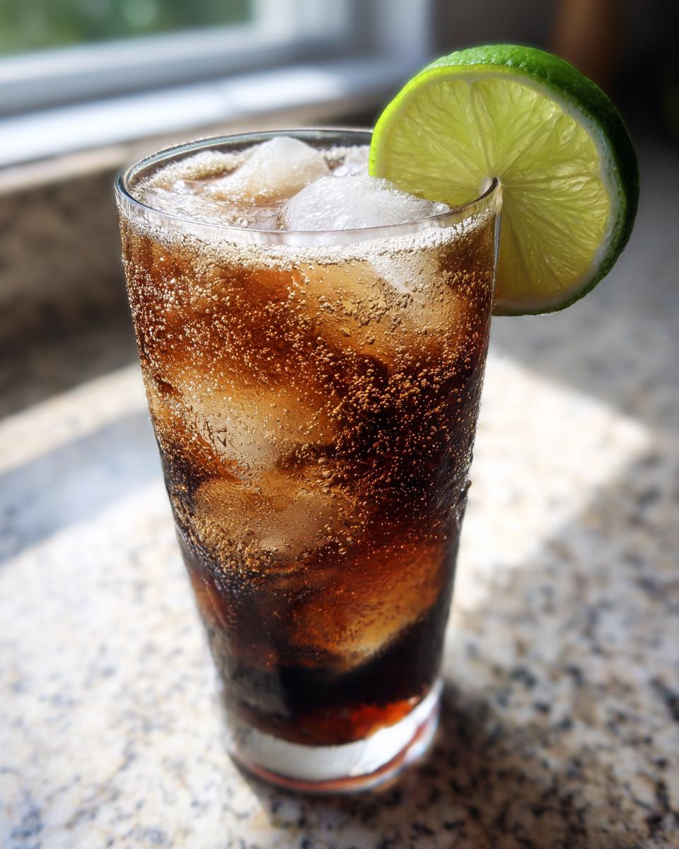 Icy glass of dirty soda recipe with cola, ice, and a lime wedge on a granite countertop.
