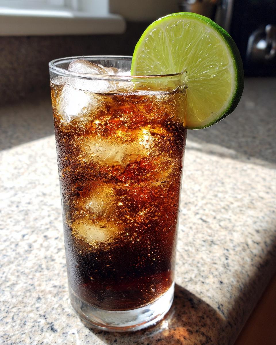 Iced dirty soda recipe in a glass with a lime wedge. Fizzy and refreshing.