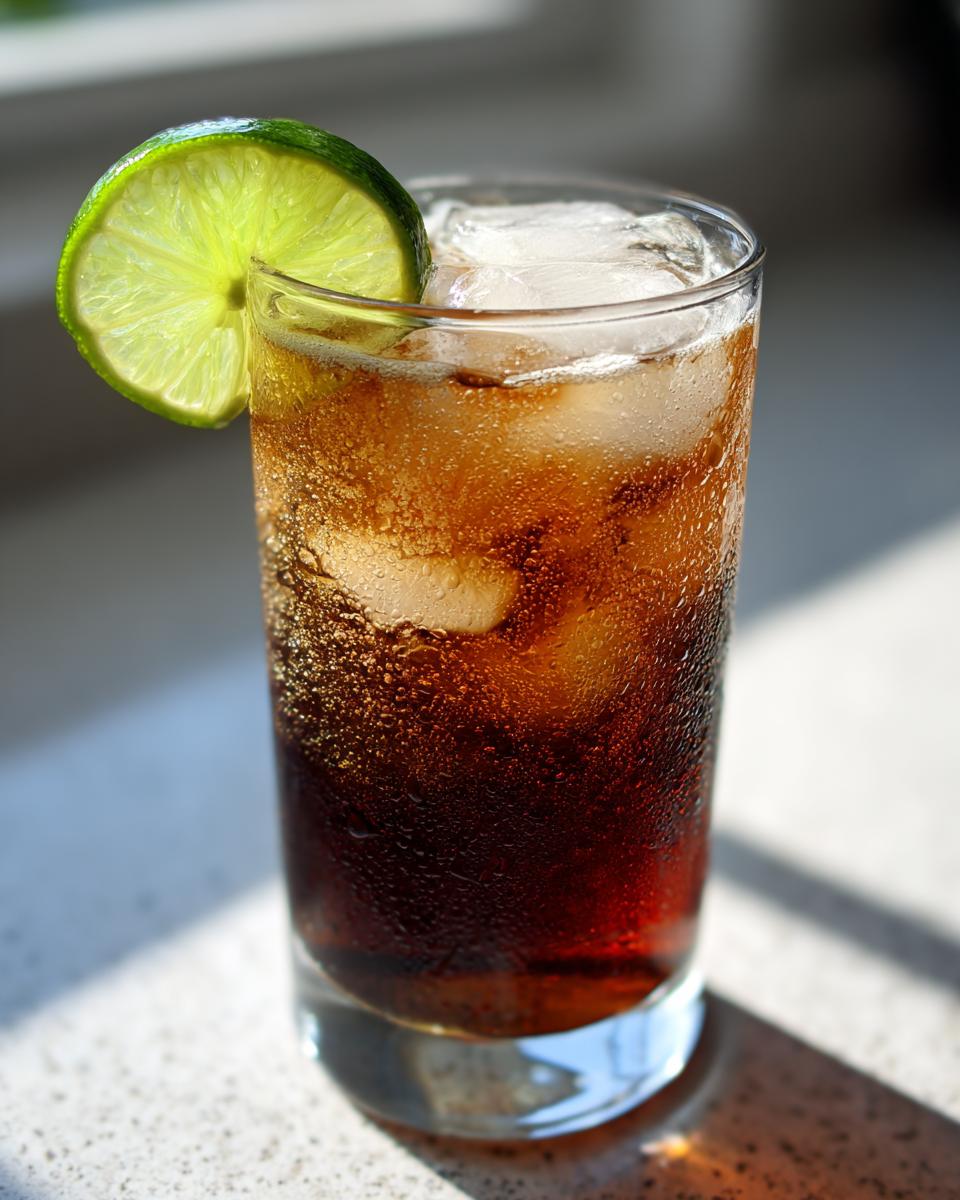 Iced dirty soda recipe in a glass, garnished with a lime wedge. Refreshing and bubbly.