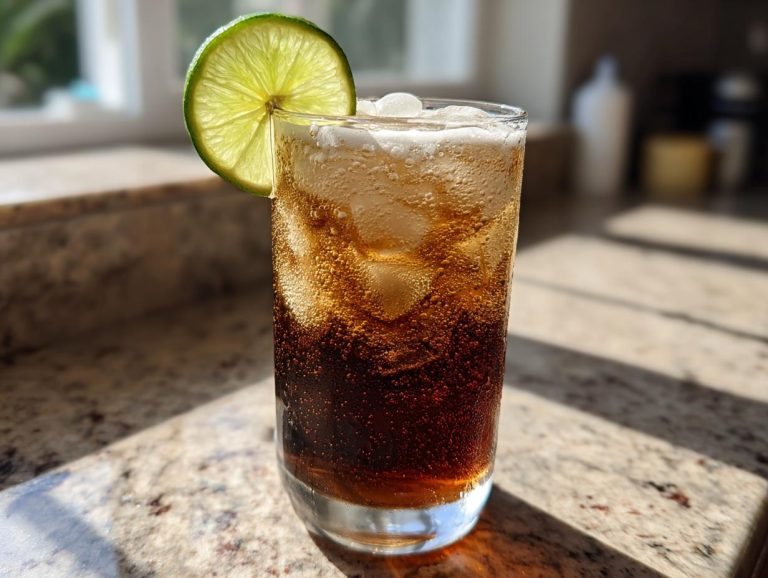 A glass of dirty soda recipe with ice and a lime wedge on a granite countertop.