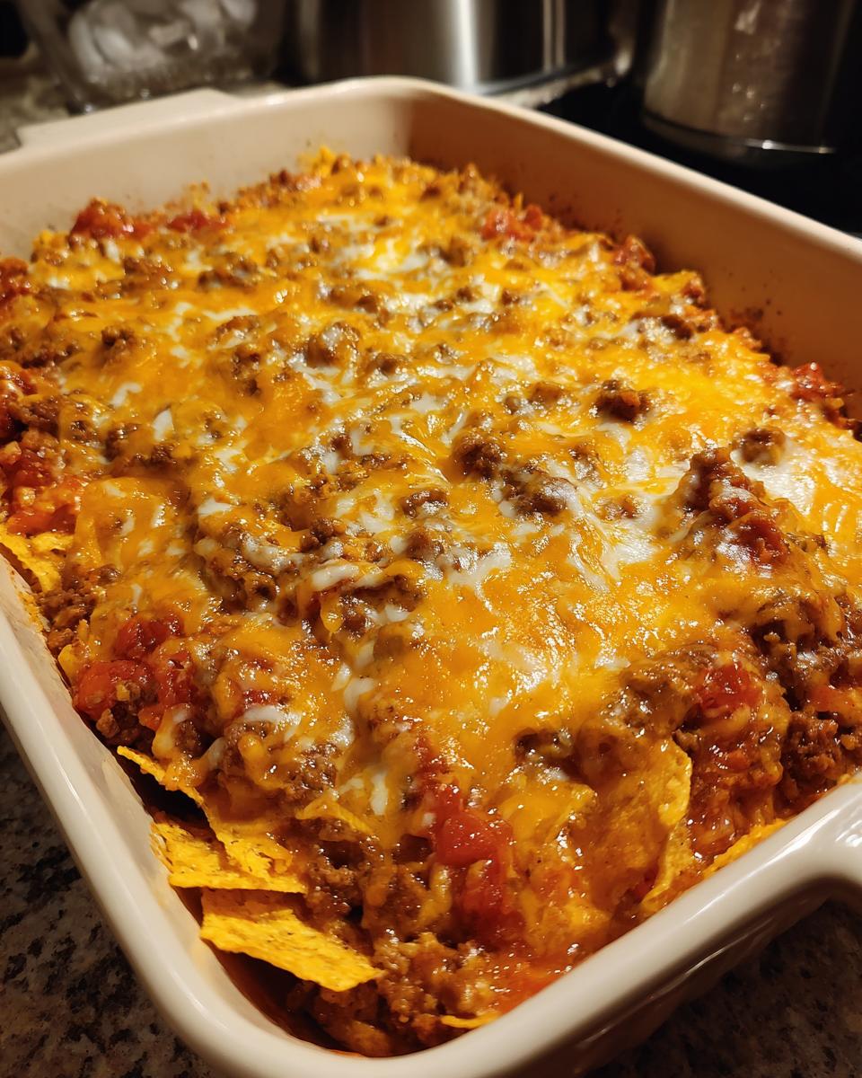 Baked Dorito Casserole in a dish, featuring Doritos, seasoned ground beef, tomatoes, and melted cheese.