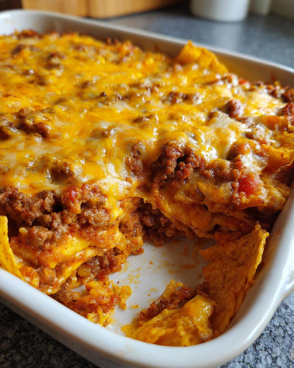 Close-up of a cheesy Dorito Casserole in a white baking dish, showing layers of chips, meat, and melted cheese.