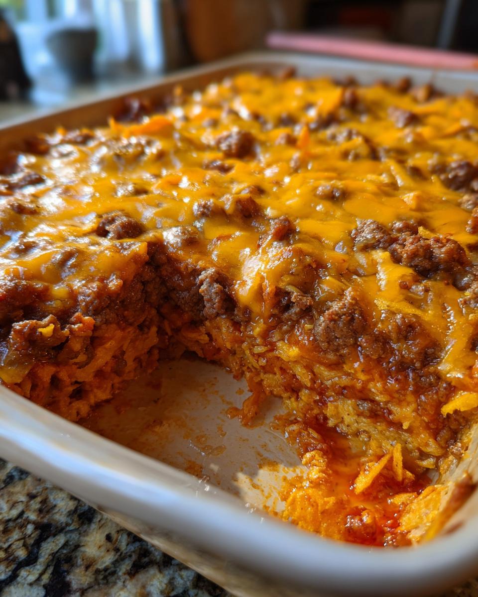 Close-up of a cheesy Dorito Casserole in a baking dish, showing layers of Doritos, meat, and melted cheese.