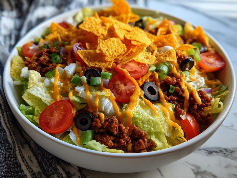 Overhead view of a Dorito taco salad in a white bowl, featuring lettuce, ground beef, tomatoes, olives, and Doritos.