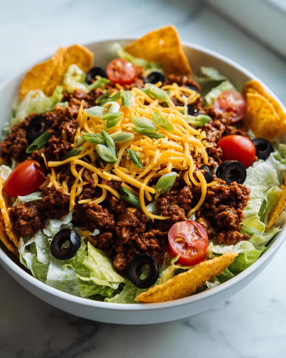 Overhead shot of a Dorito taco salad in a white bowl, featuring lettuce, ground beef, cheese, and Doritos.