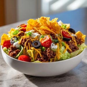 A vibrant Dorito taco salad in a white bowl, featuring lettuce, seasoned beef, tomatoes, olives, cheese, and Doritos.