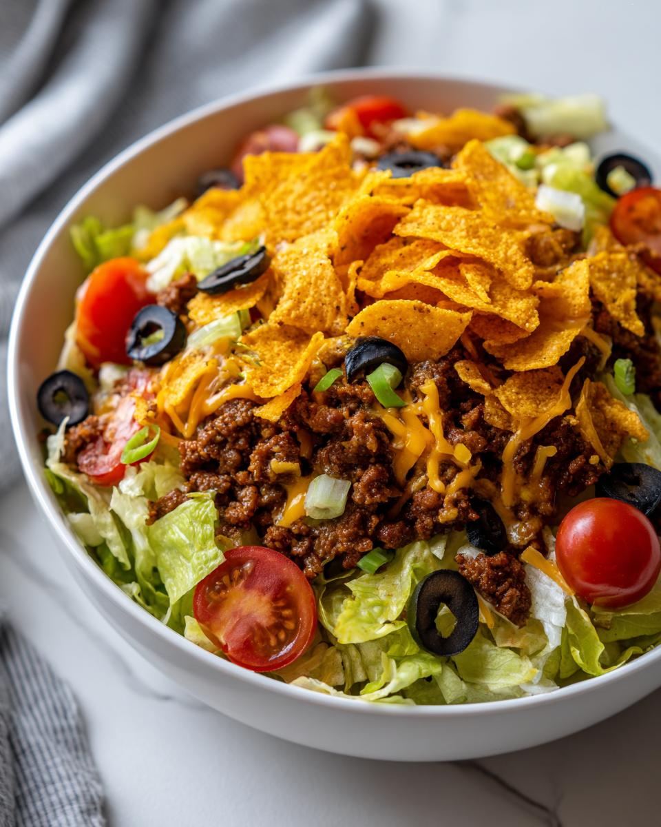 Overhead view of a Dorito taco salad featuring lettuce, seasoned beef, tomatoes, olives, and Doritos.