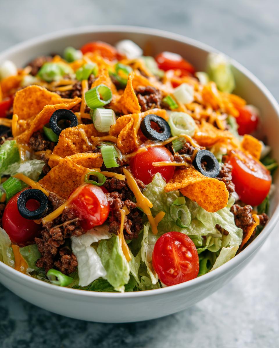 A vibrant Dorito taco salad in a white bowl with lettuce, ground beef, tomatoes, olives, and green onions.