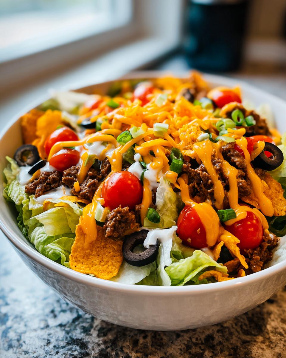A vibrant Dorito taco salad in a white bowl, featuring lettuce, ground beef, tomatoes, olives, cheese, and Doritos.