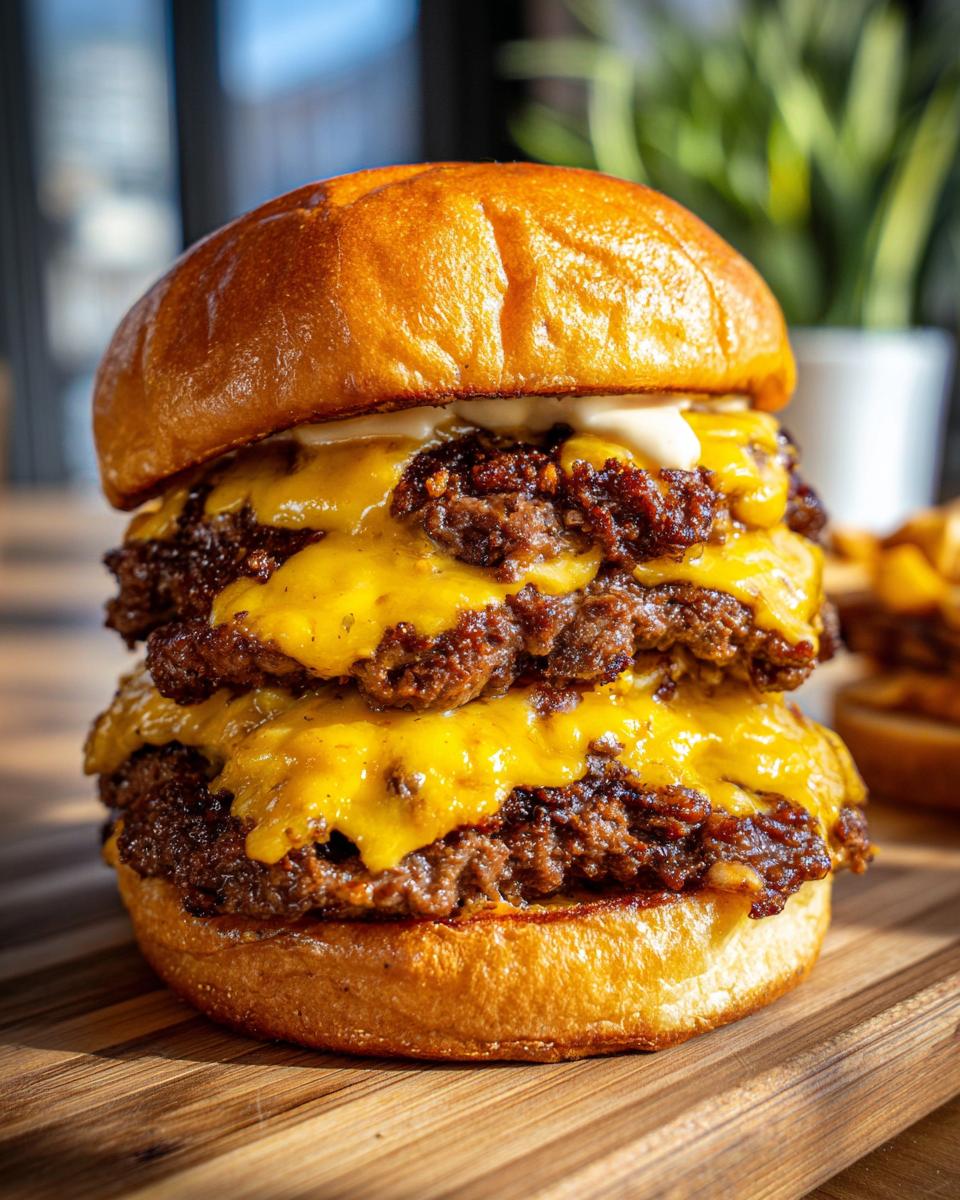 A towering double cheeseburger smash burger recipe with crispy patties, melted cheese, and a soft bun.