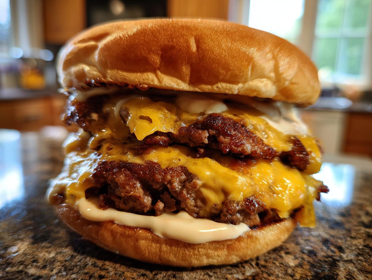 A delicious double cheeseburger, showcasing the smash burger recipe with crispy patties and melted cheese.