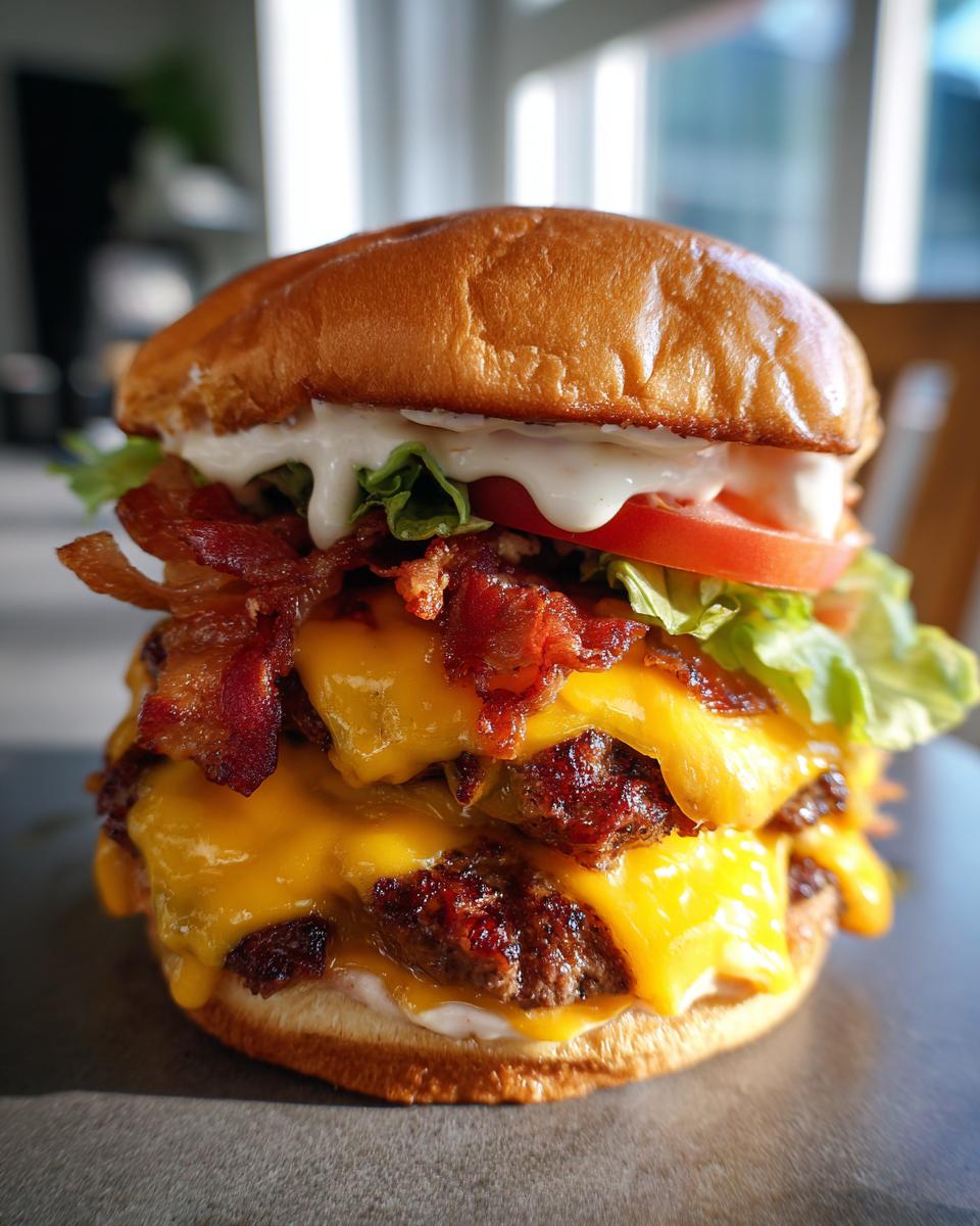 A double smash burger recipe featuring crispy patties, melted cheese, bacon, lettuce, tomato, and sauce on a toasted bun.