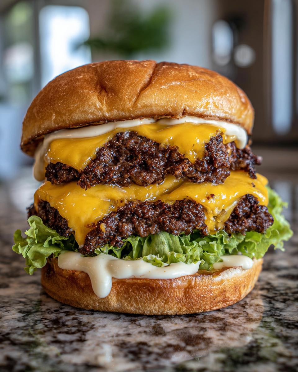 A double cheeseburger smash burger recipe with crispy patties, lettuce, cheese, and sauce on a brioche bun.