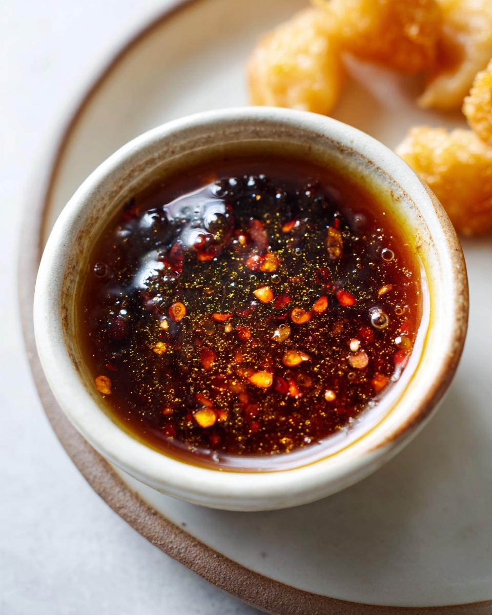 Close-up of a bowl of homemade dumpling sauce with visible chili flakes and a glossy texture.