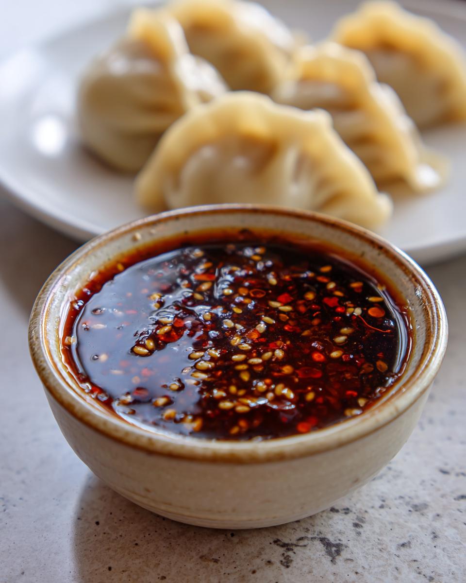 Close-up of a bowl of homemade dumpling sauce with sesame seeds and chili flakes, with dumplings in the background.