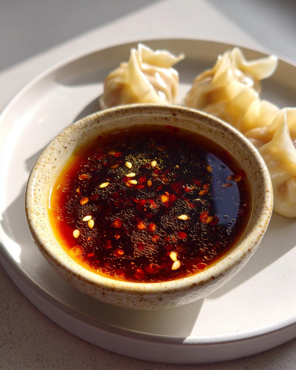 Close-up of homemade Dumpling Sauce in a bowl with sesame seeds and chili flakes, served with dumplings.