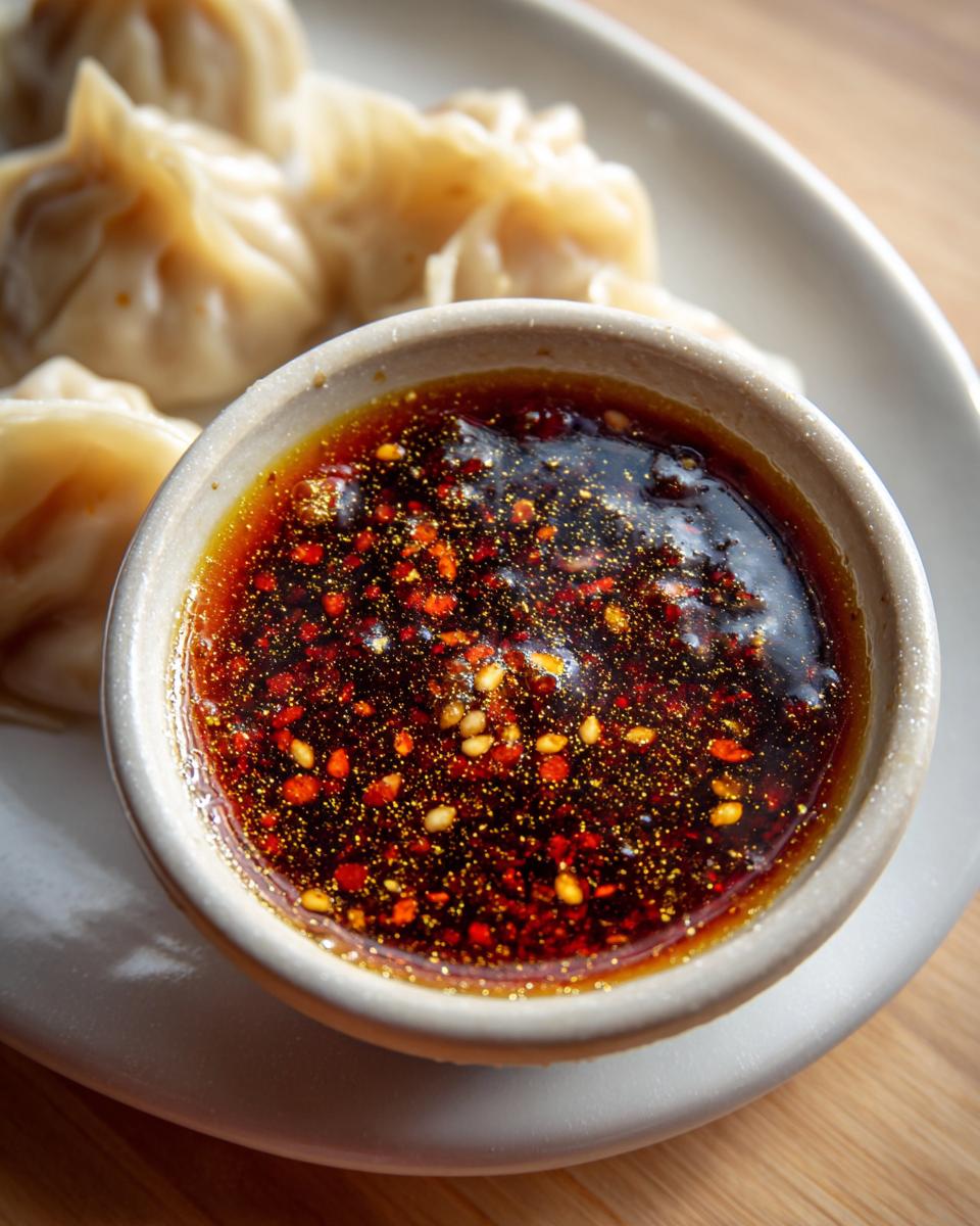 Close-up of a bowl of homemade Dumpling Sauce with sesame seeds and chili flakes, served with dumplings.
