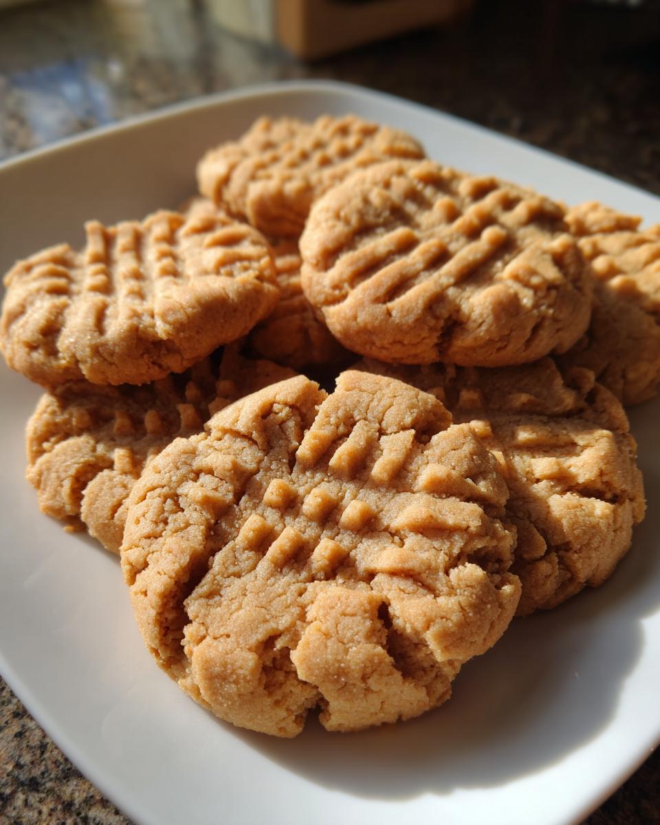 A stack of freshly baked Easy Peanut Butter Cookies on a white plate, showing the classic fork-press pattern.