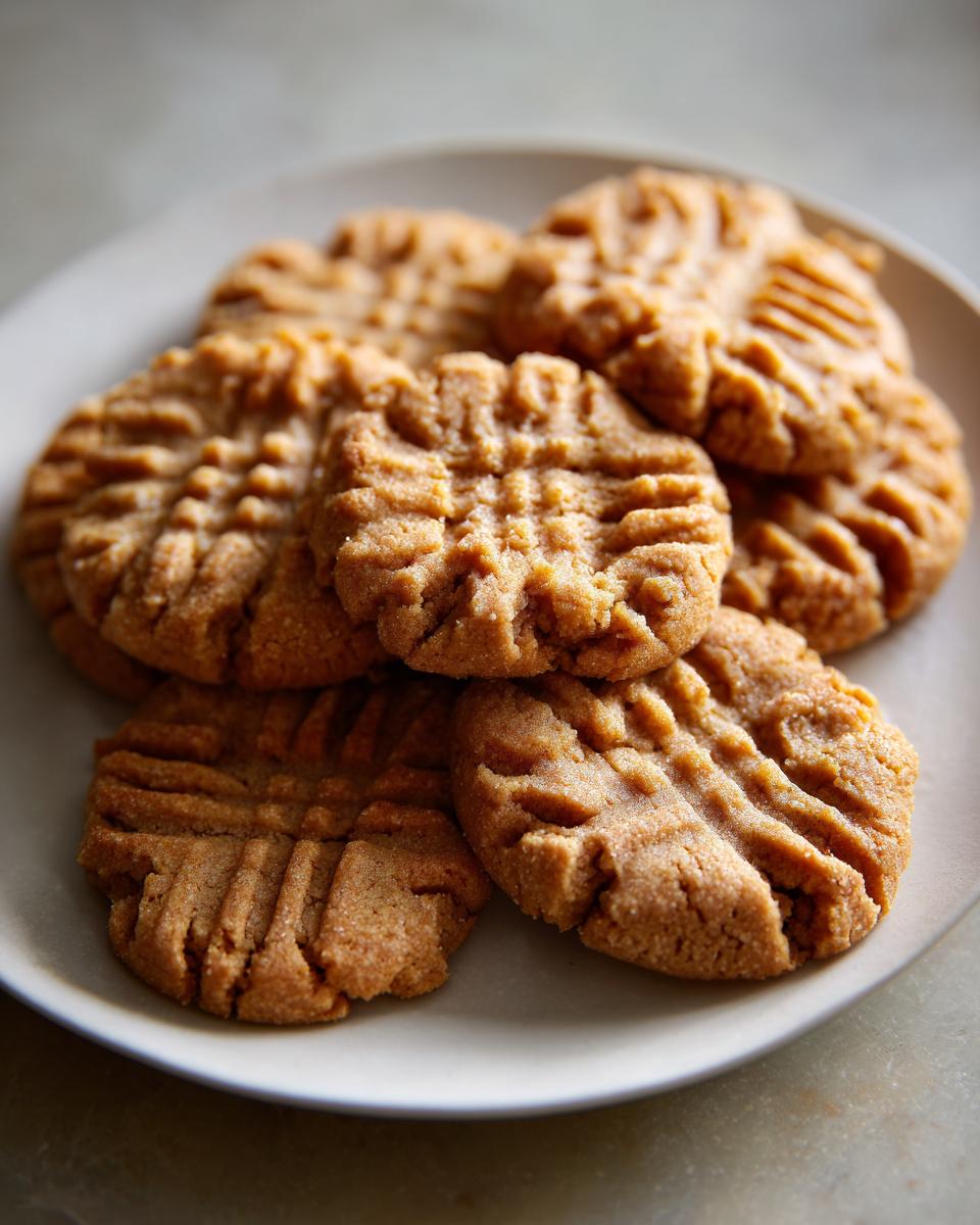 A pile of freshly baked Easy Peanut Butter Cookies on a plate, showing their classic fork-pressed pattern.