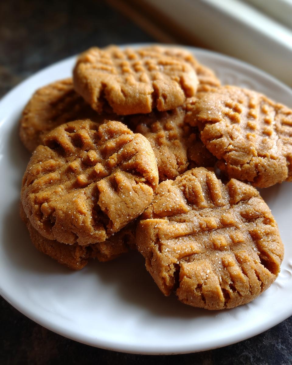 A plate of freshly baked Easy Peanut Butter Cookies with a classic fork pattern.