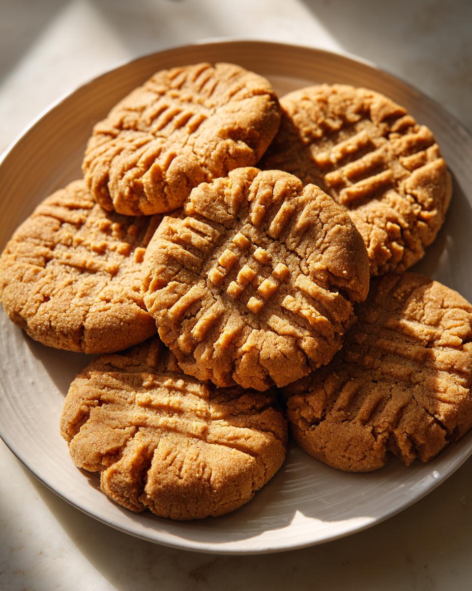 A plate of freshly baked Easy Peanut Butter Cookies, showcasing their classic fork-pressed pattern.