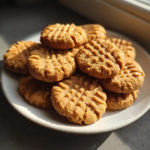 A stack of freshly baked Easy Peanut Butter Cookies on a white plate, lit by natural sunlight.