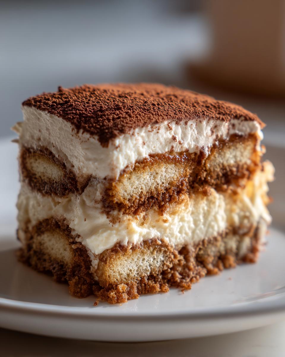 A slice of Easy Tiramisu, showcasing layers of ladyfingers, creamy filling, and cocoa powder dusting.
