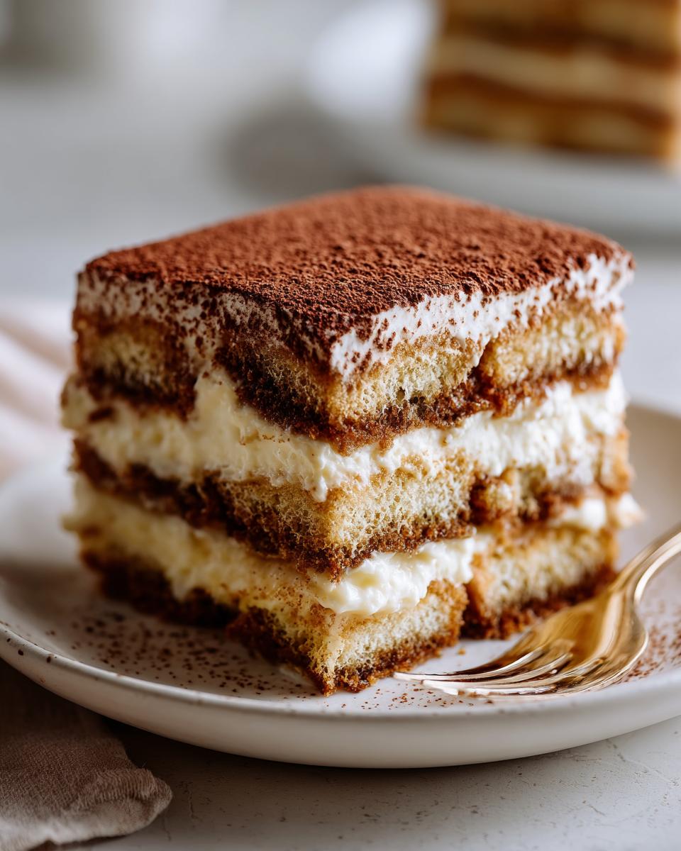 A slice of Easy Tiramisu on a white plate, showcasing layers of coffee-soaked ladyfingers, creamy filling, and cocoa powder dusting.