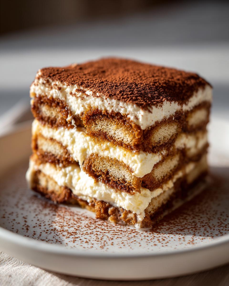 A slice of Easy Tiramisu, showcasing layers of ladyfingers, cream, and cocoa powder dusting.