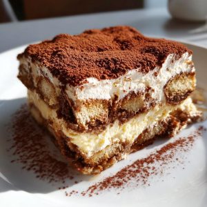 A delicious slice of Easy Tiramisu, showcasing layers of coffee-soaked ladyfingers, creamy filling, and cocoa powder.