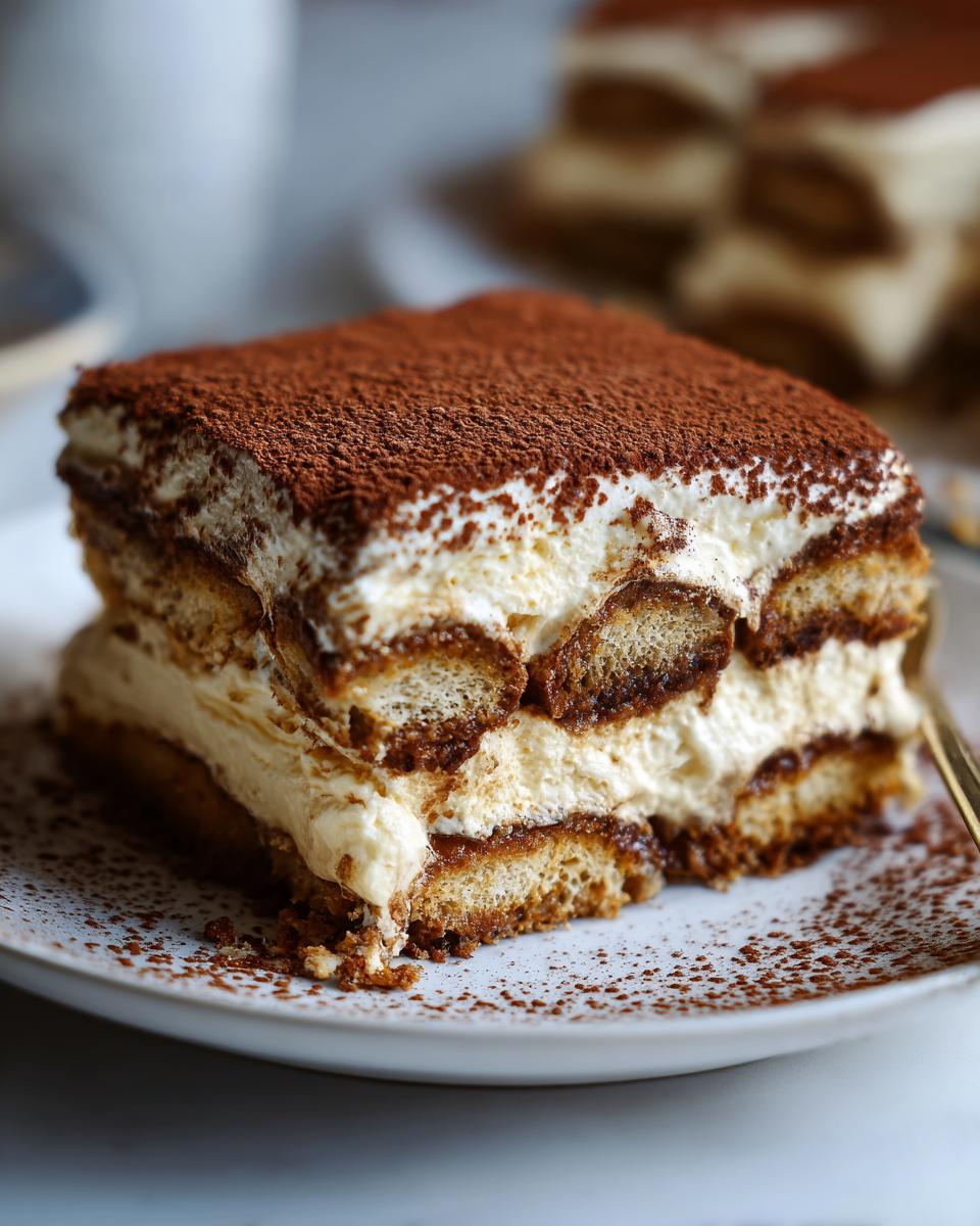 A delicious slice of Easy Tiramisu, showcasing the layers of ladyfingers, cream, and cocoa powder.