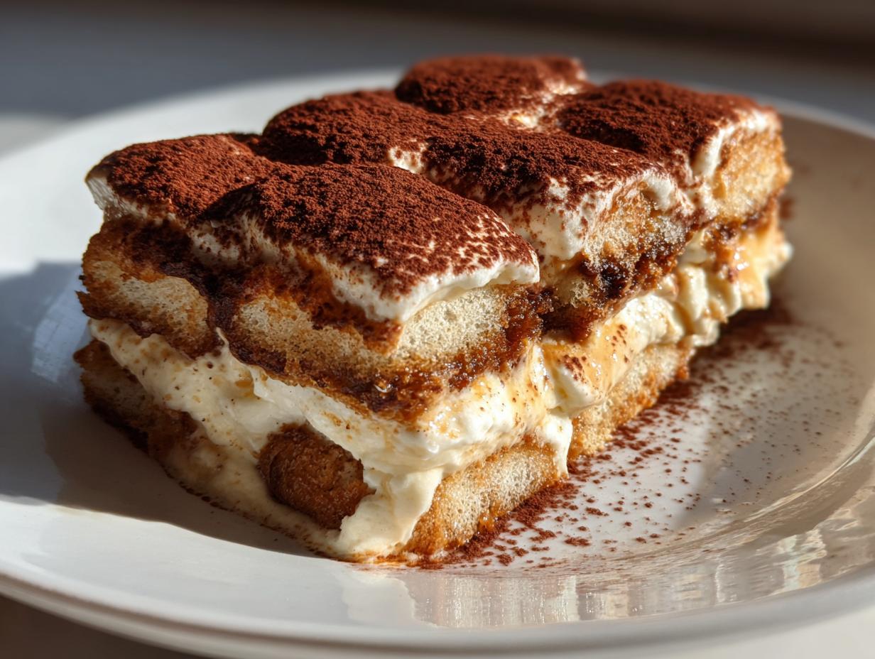A slice of Easy Tiramisu on a white plate, dusted with cocoa powder, showcasing layers of cream and ladyfingers.