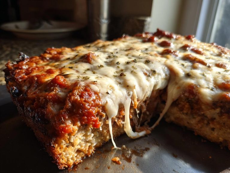 Close-up of a cheesy eggplant parmesan bake with a slice cut out, showing layers of eggplant, sauce, and melted cheese.