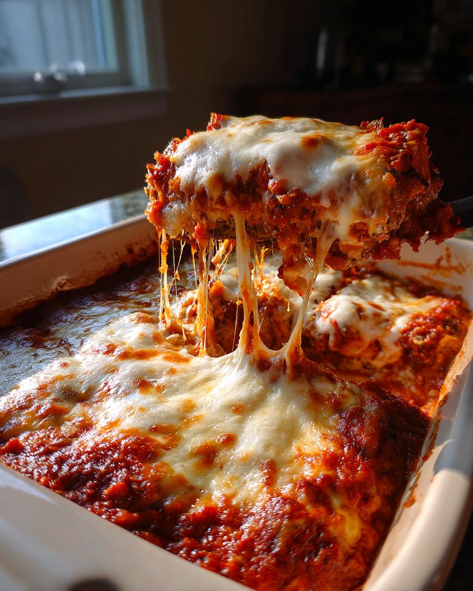 A serving of eggplant parmesan bake being lifted, showing melted cheese and layers.