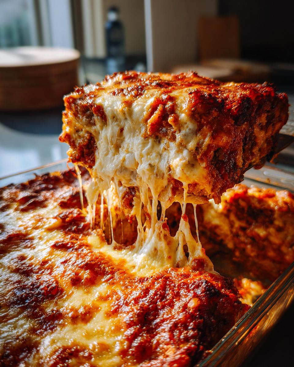 A slice of cheesy eggplant parmesan bake being lifted from a glass baking dish, with melted cheese dripping.