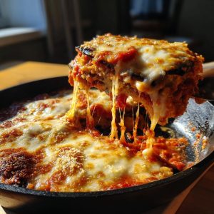 A slice of eggplant parmesan bake being lifted, showing layers of eggplant, tomato sauce, and melted cheese.